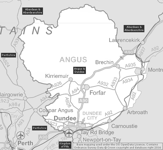 Angus & Dundee, Showing Main Settlements & Connecting Areas